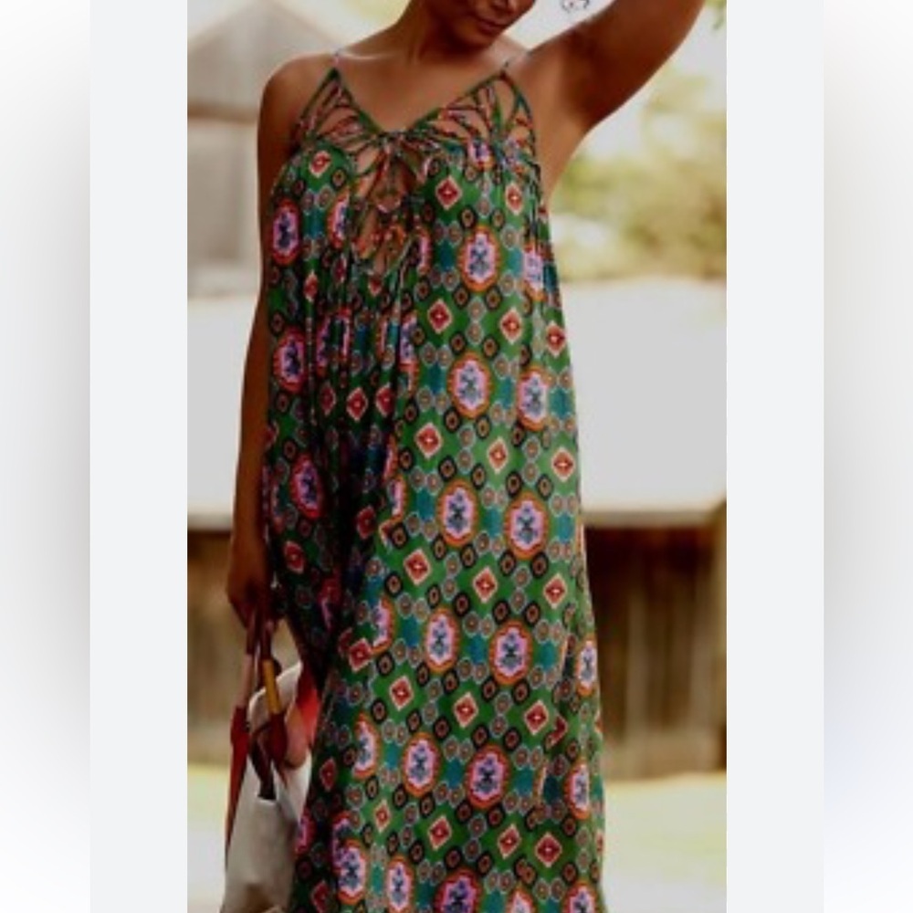 Anthropologie Green Multicolor Maxi Dress with Geometric Floral Print